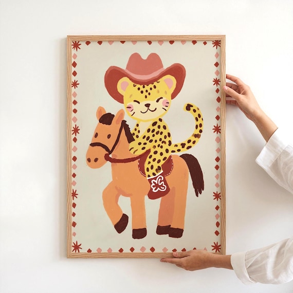 Cute Cowboy Cheetah Riding Brown Horse Western Nursery Poster