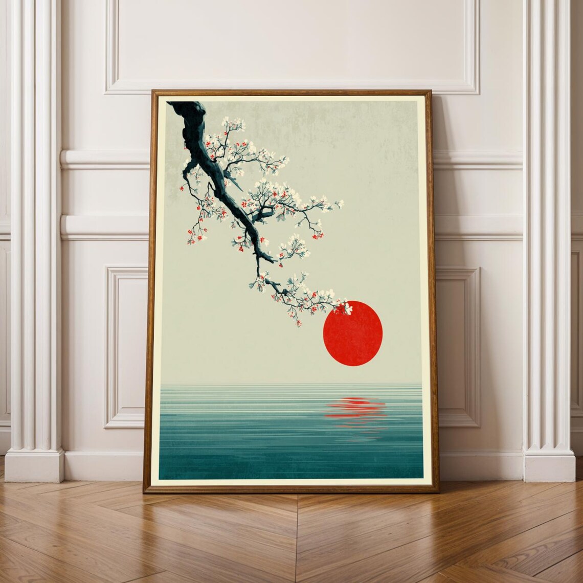 Japanese Red Sun Over the Sea with Blossoming Branch Art Poster