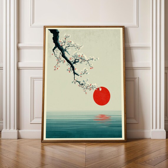 Cherry Blossom Scene Art Print Red Teal White Decor Living Room Wall Wabi Sabi Poster Okinawa Gift For Coworker
