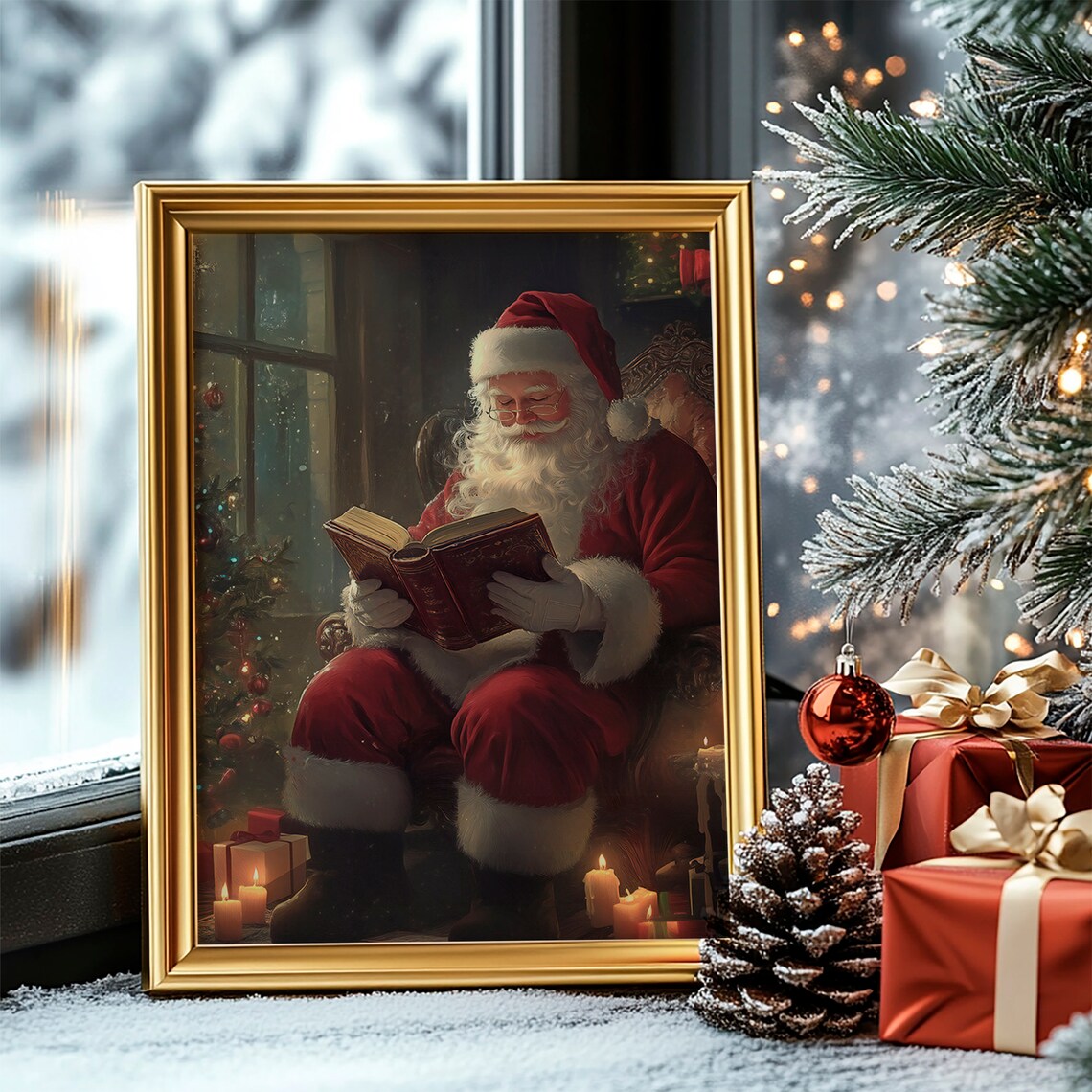 Santa Reading Book Vintage Christmas Wall Print - Image 2