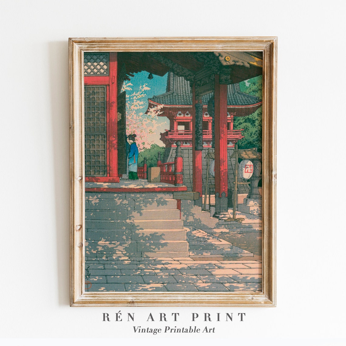Japanese Temple Red Pagoda Cherry Blossom Woodblock Style Art Print