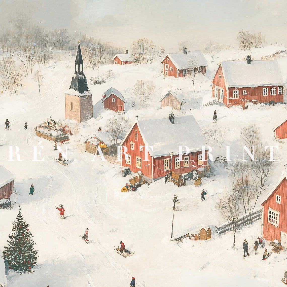 Christmas Wall Art Vintage Winter Print Snowy Village Painting Farmhouse Holiday Wall Decor Country Winter Wall Print - Image 3