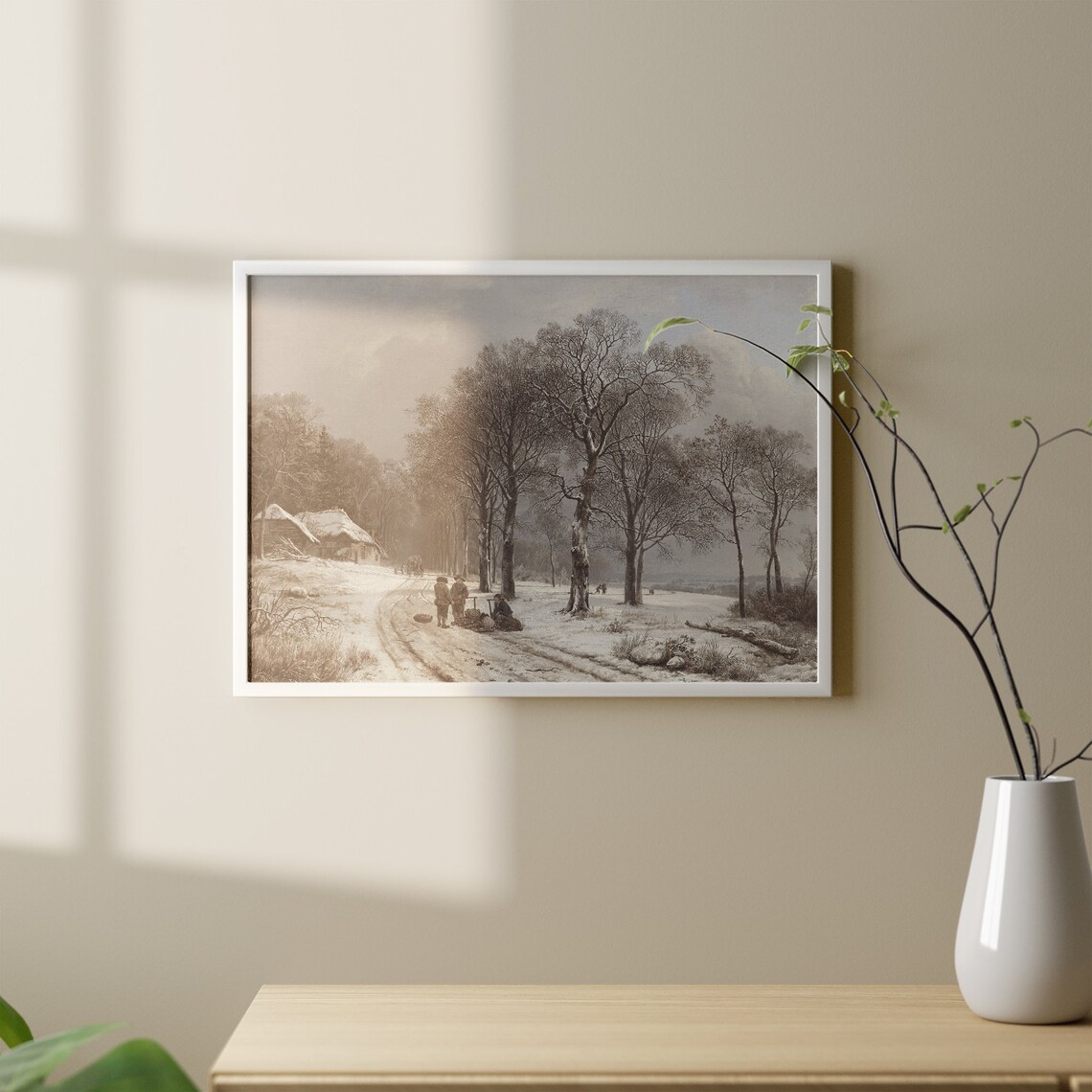 Antique Winter Woodcutters on Snowy Village Road Landscape Art Poster - Image 2
