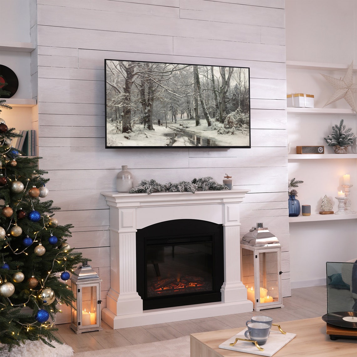 Snowy Forest Stream with Walker and Dog Winter Frame TV Art Poster - Image 2