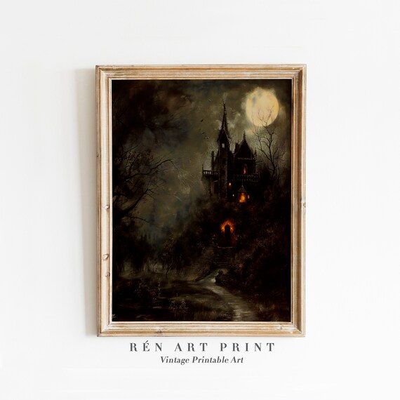 Dark Haunted Gothic Mansion Full Moon Spooky Halloween Wall Art