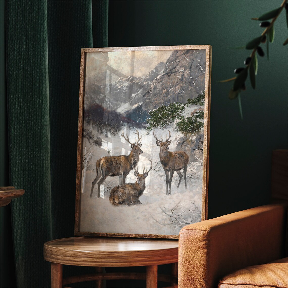 Three Red Deer Stags Snowy Mountain Antique Wildlife Painting Art Poster - Image 2