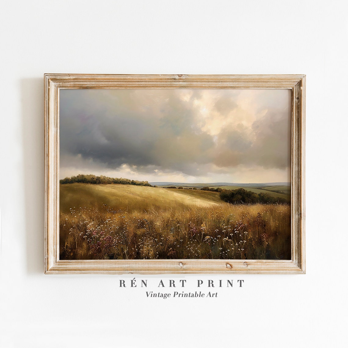 Golden Wheat Field With Wildflowers Under Dramatic Cloudy Sky Poster