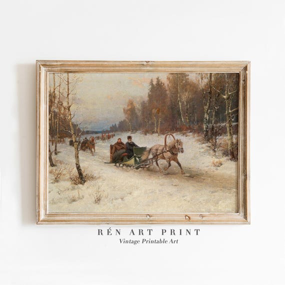 Vintage Sleigh Riding Print, Winter Landscape