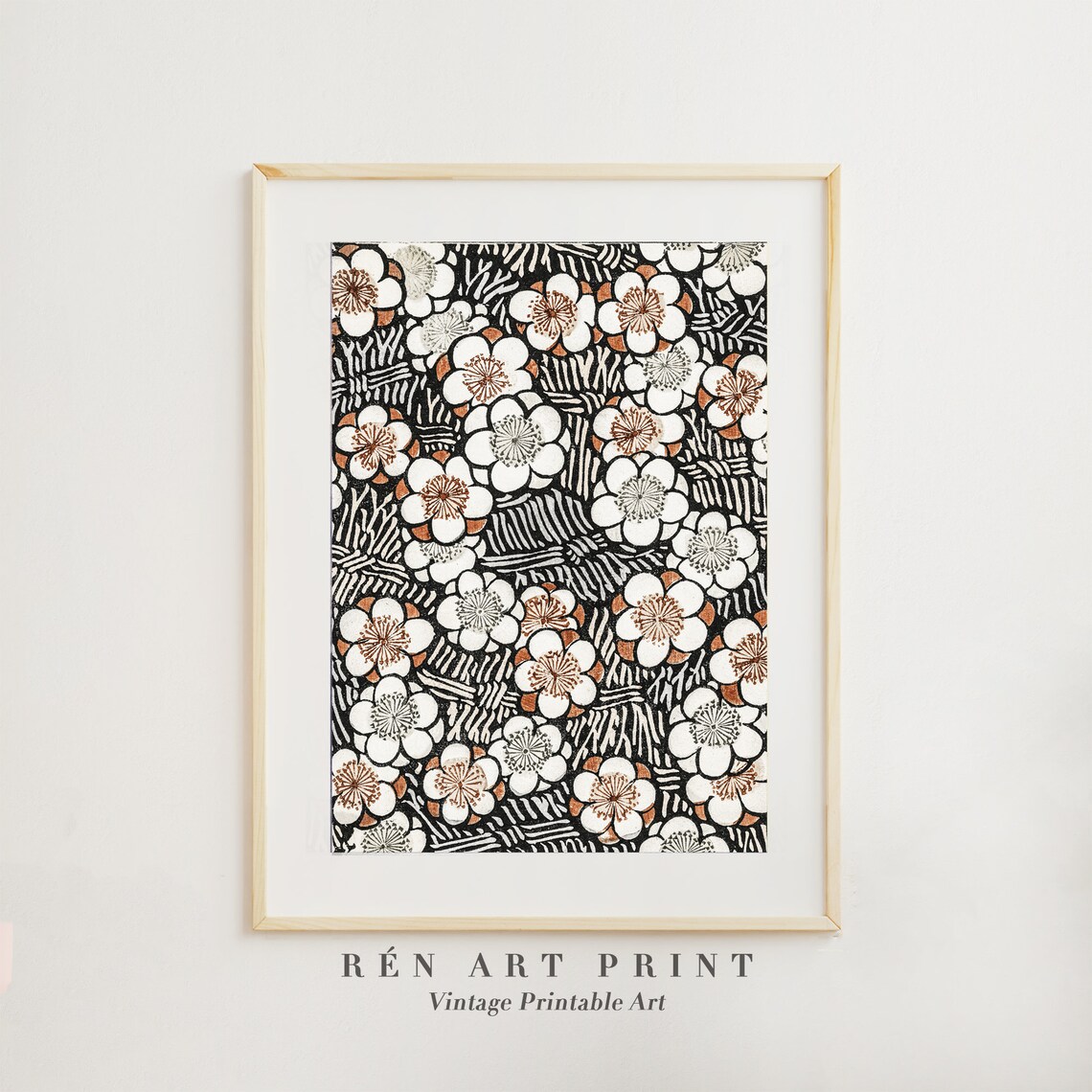 Antique Japanese Woodblock Floral Pattern Art Print