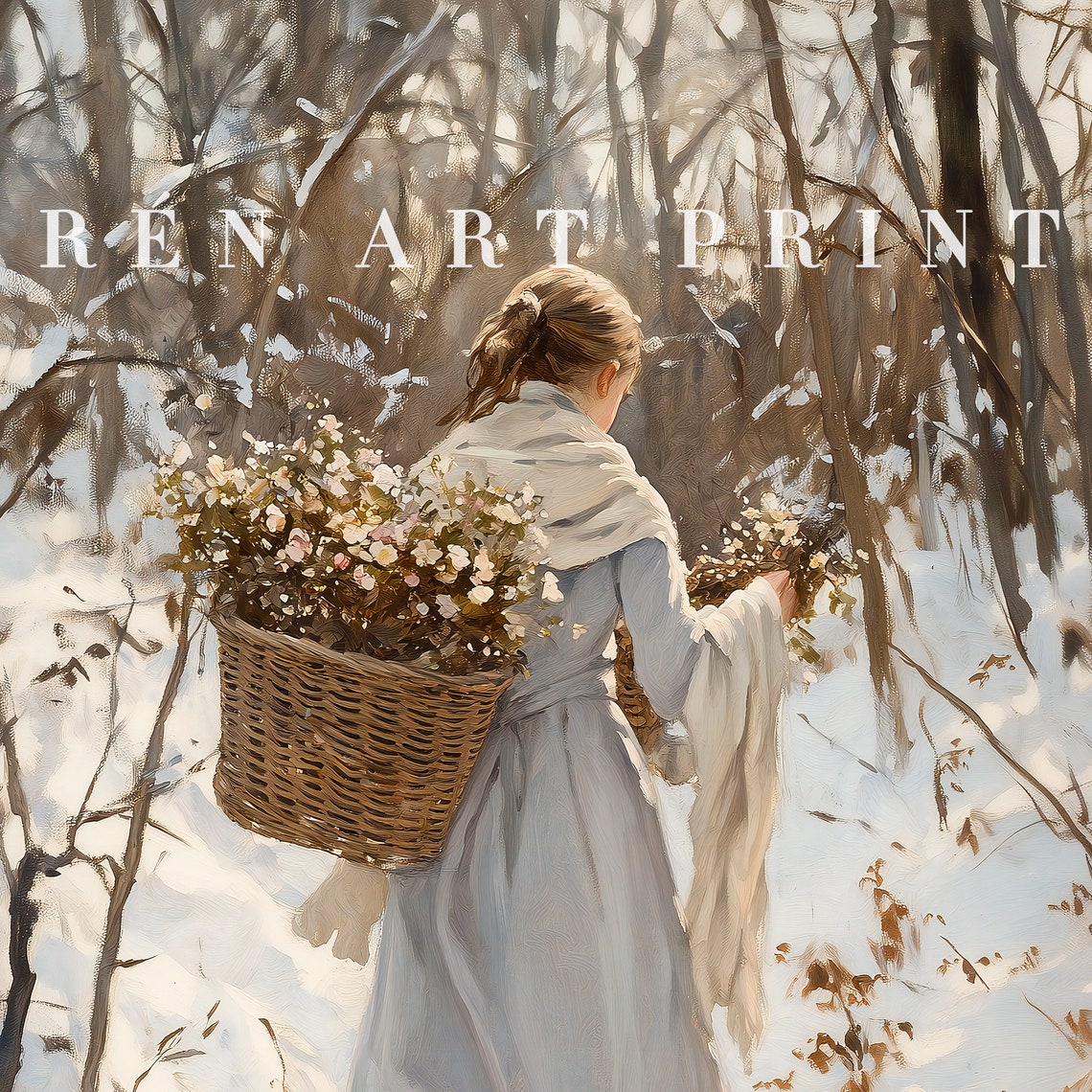 Woman Carrying Flower Basket Through Snowy Woods Winter Art Print - Image 3