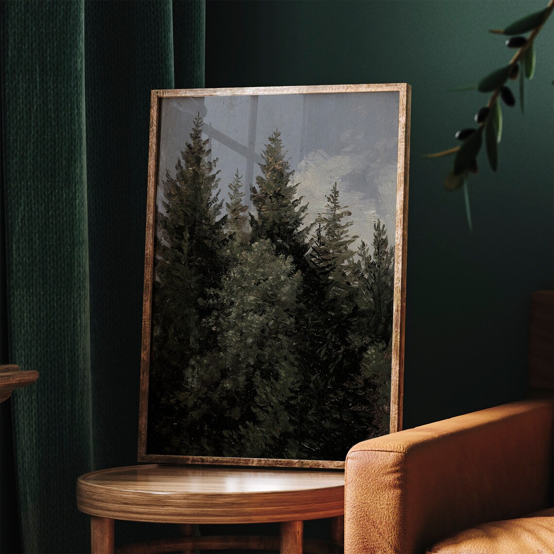 Dark Moody Pine Trees Vintage Oil Painting Evergreen Art Print - Image 2