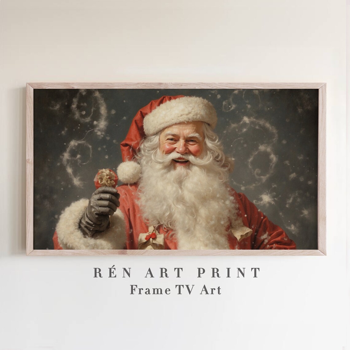 Smiling Santa Claus Holding Ornament Vintage Christmas Art Print