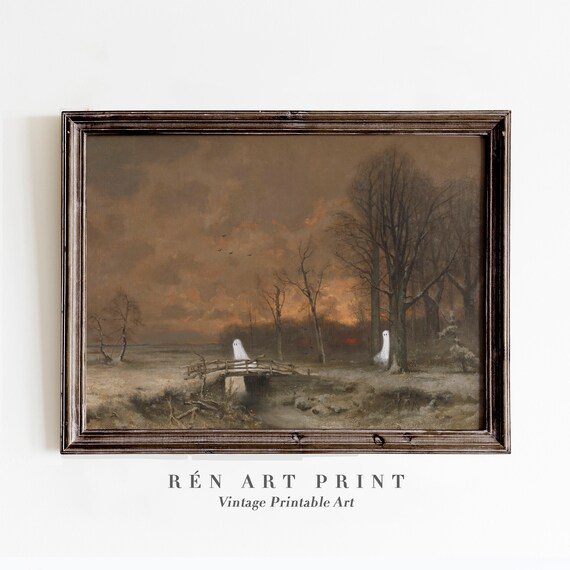 Halloween Ghost Moody Autumn Sunset Landscape Spooky Farmhouse Poster