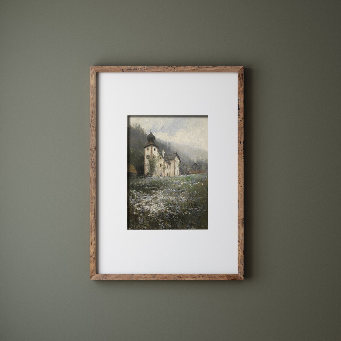Old Chapel Tower in Alpine Meadow Vintage Landscape Oil Painting Print - Image 2