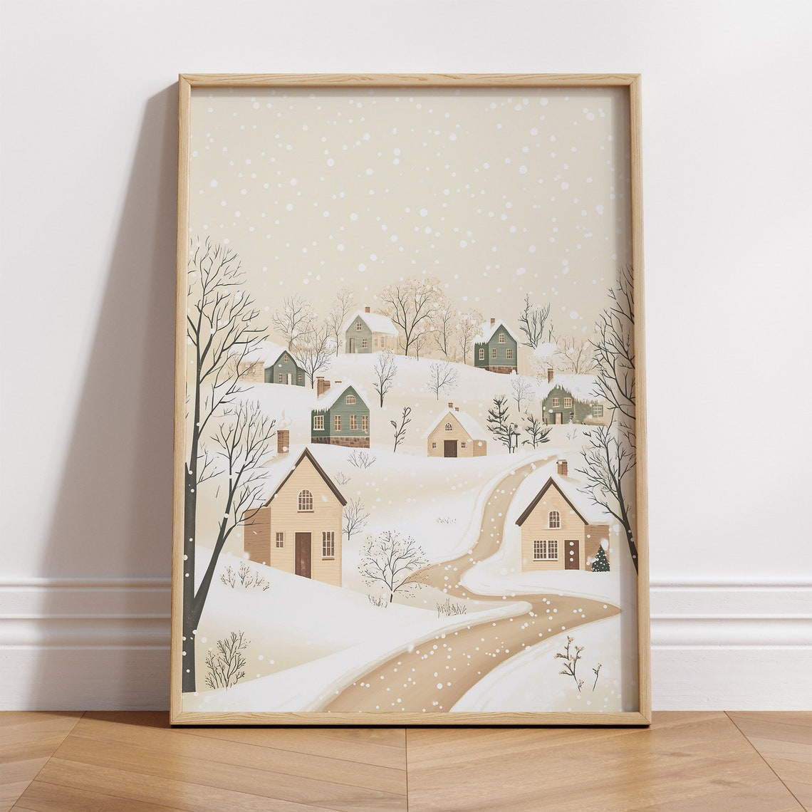 Vintage Snowy Village Wall Art Neutral Winter Painting Antique Seasonal Art Cottage Christmas Decor Holiday Nursery Print - Image 2