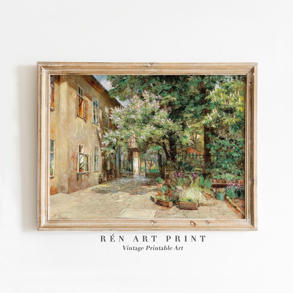 Spring Village Courtyard Vintage Blooming Tree Old Town Garden Poster