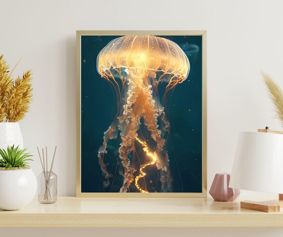 Bioluminescent Glowing Golden Jellyfish Ocean Deep Teal Poster