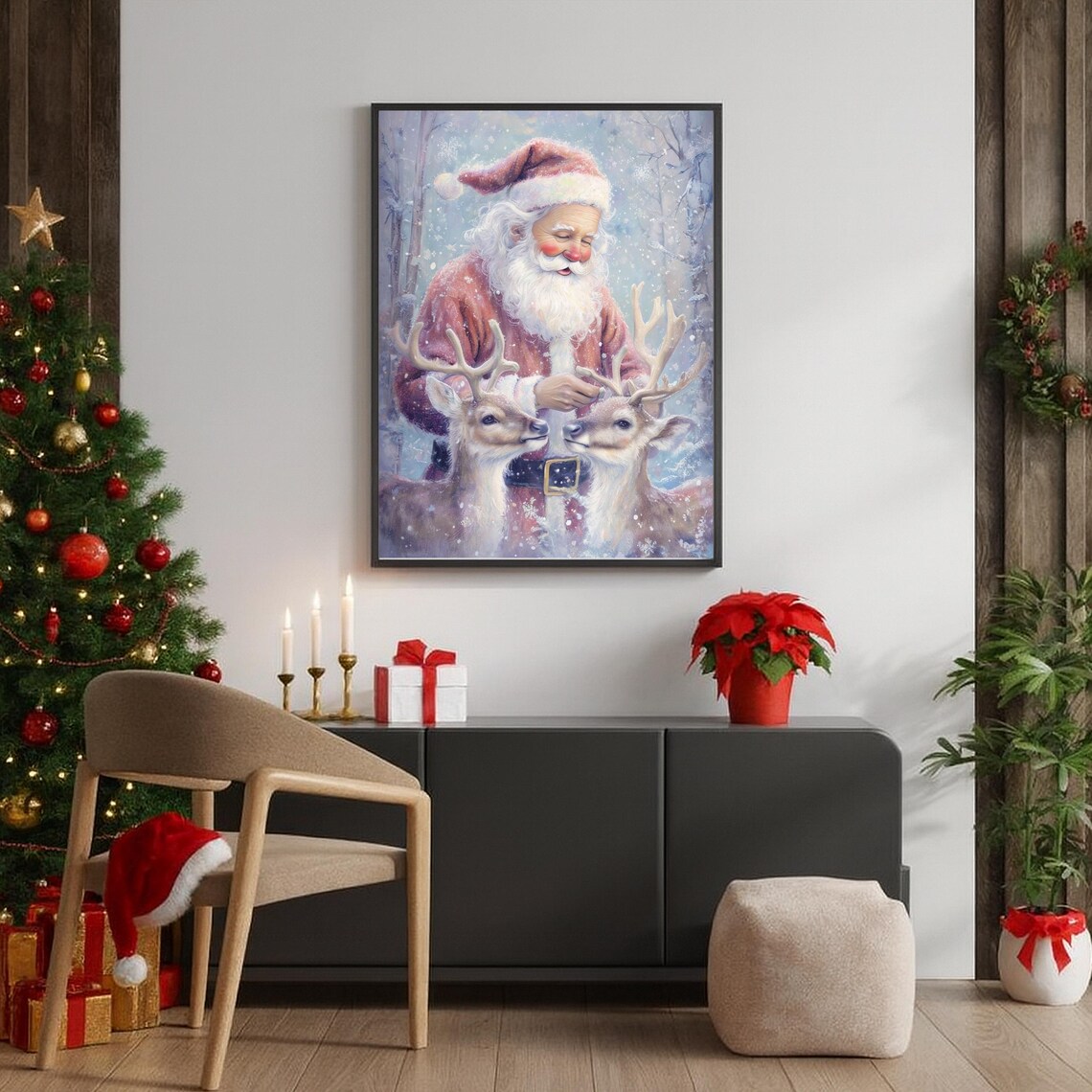 Vintage Santa and Reindeer Snowy Forest Christmas Painting Poster