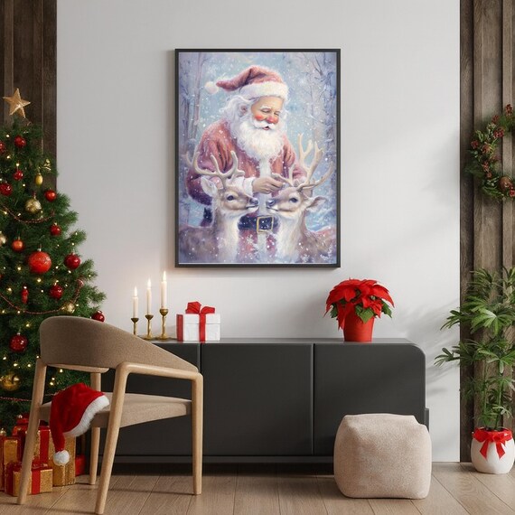 Vintage Santa and Reindeer Snowy Forest Christmas Painting Poster