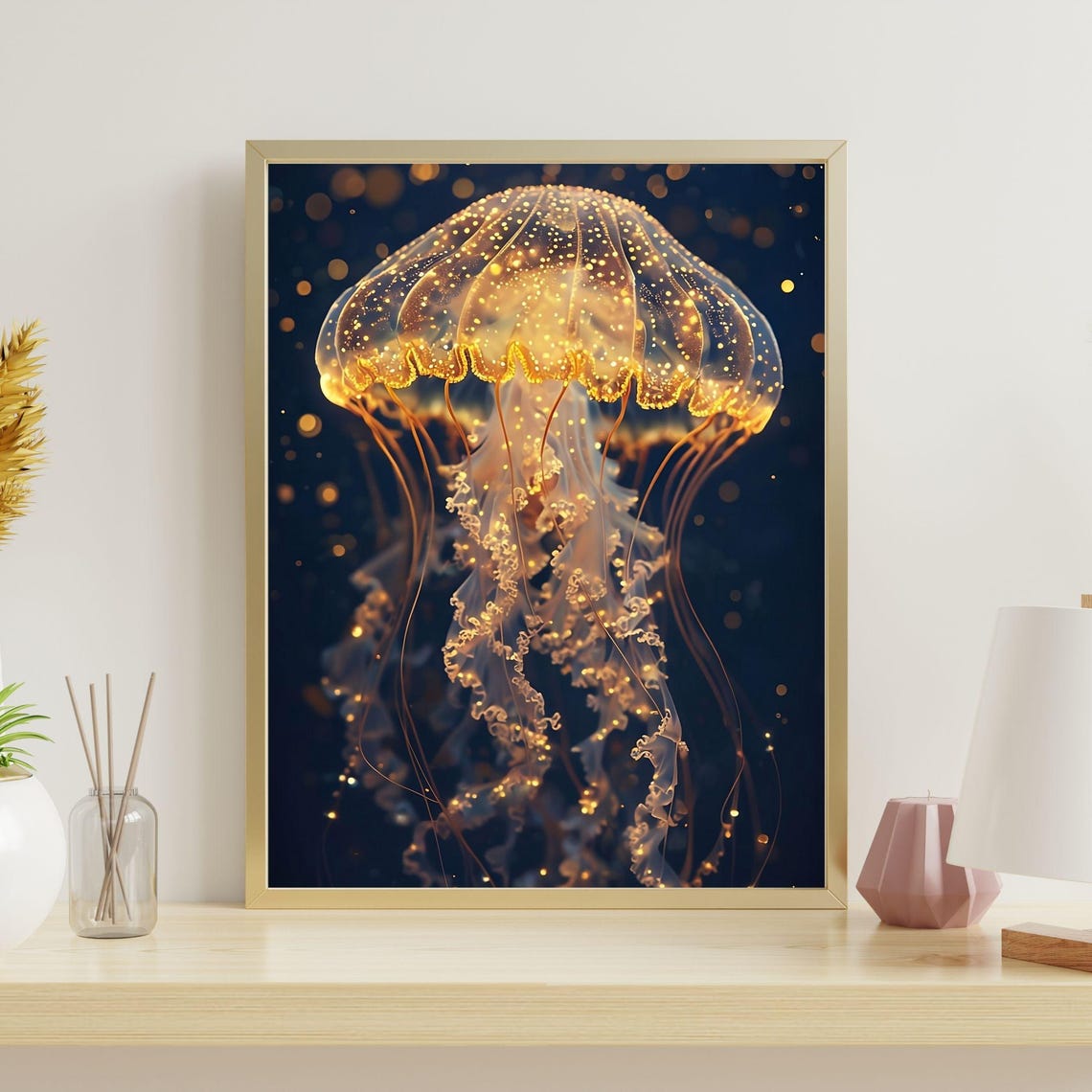 Golden Glowing Jellyfish Art Bioluminescent Dark Ocean Decor Poster