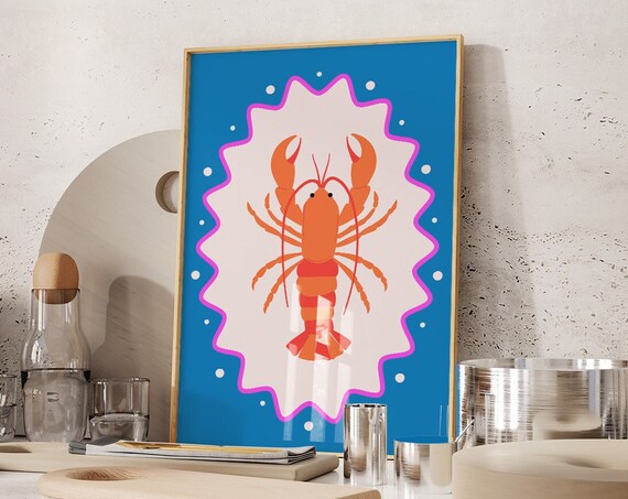 La Dolce Vita Lobster Art Maximalist Seafood Kitchen Print Vibrant Retro Coastal Poster Dopamine Restaurant Decor Red