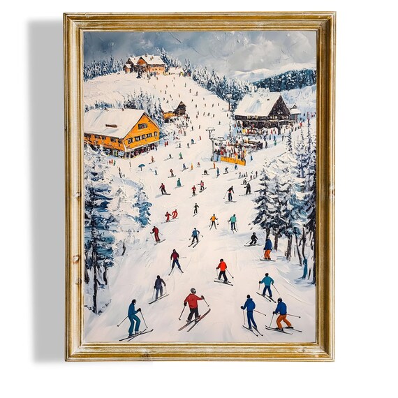 Ski Resort Winter Slopes Crowded Skiers Alpine Village Oil Poster