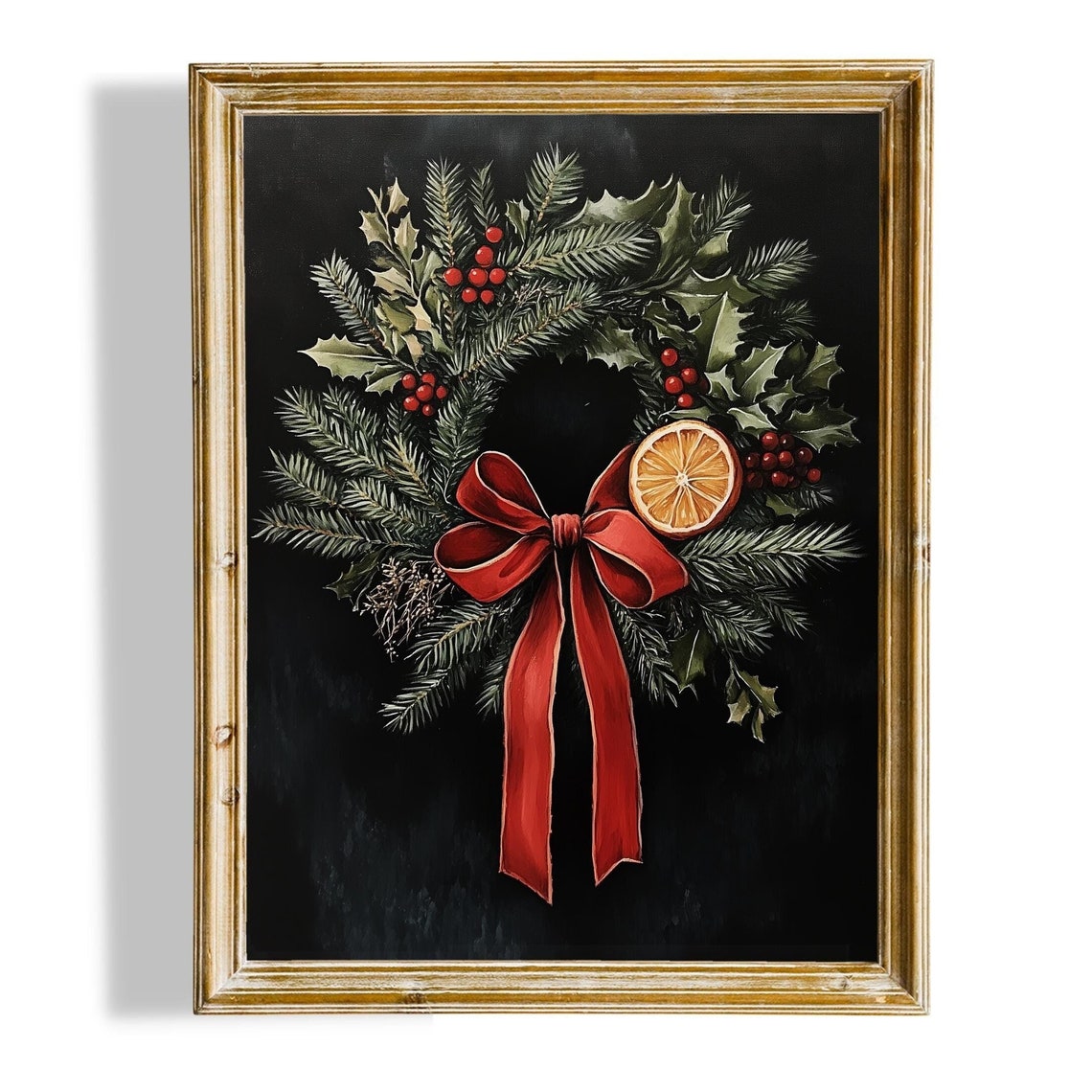 Vintage Christmas Wreath With Red Bow And Dried Orange On Black Poster
