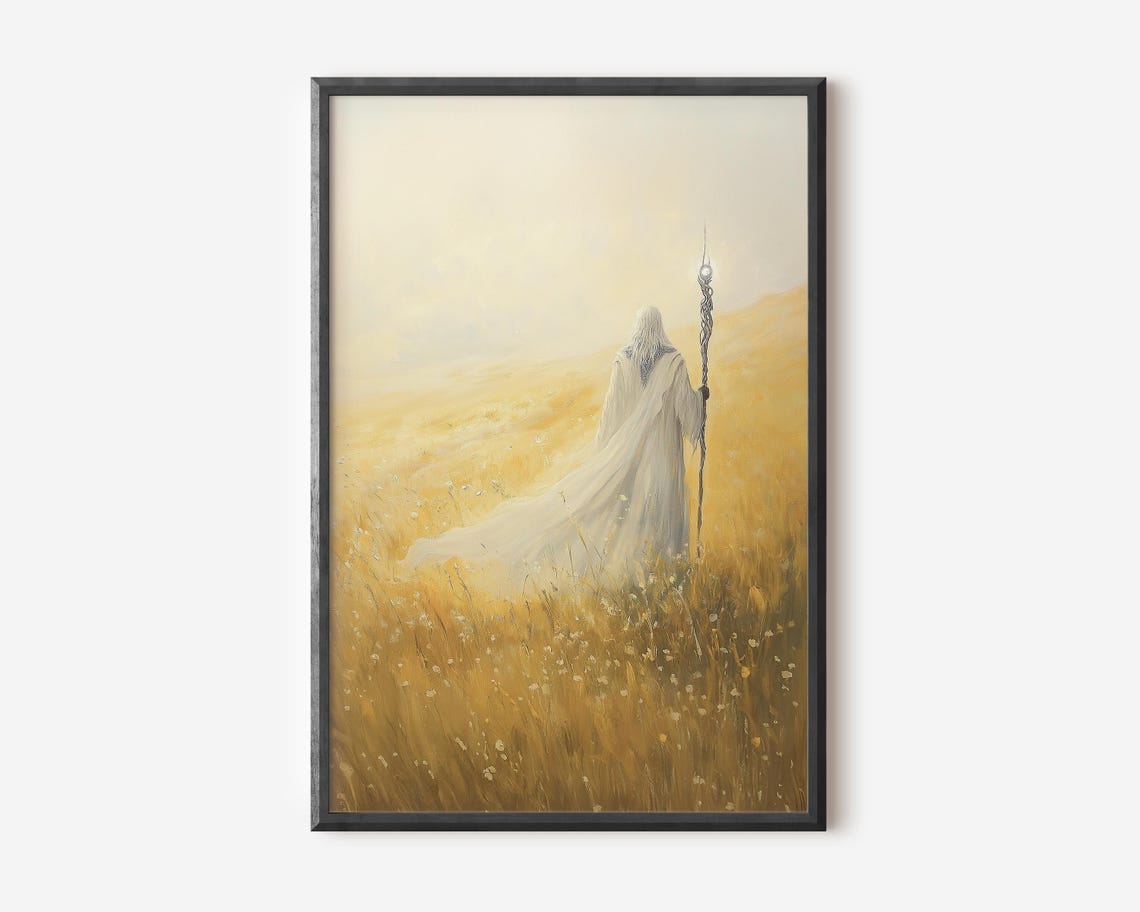 Lone White Wizard Golden Wheat Field Fantasy Painting Poster