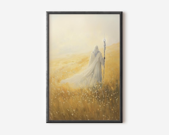 Lone White Wizard Golden Wheat Field Fantasy Painting Poster