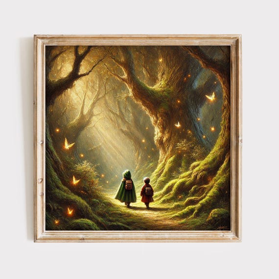 Children Walking In An Enchanted Magical Forest Fine Art Print