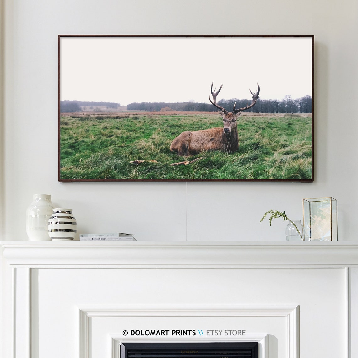 Majestic Red Deer Stag Antlers Resting Green Meadow Frame TV Poster - Image 3