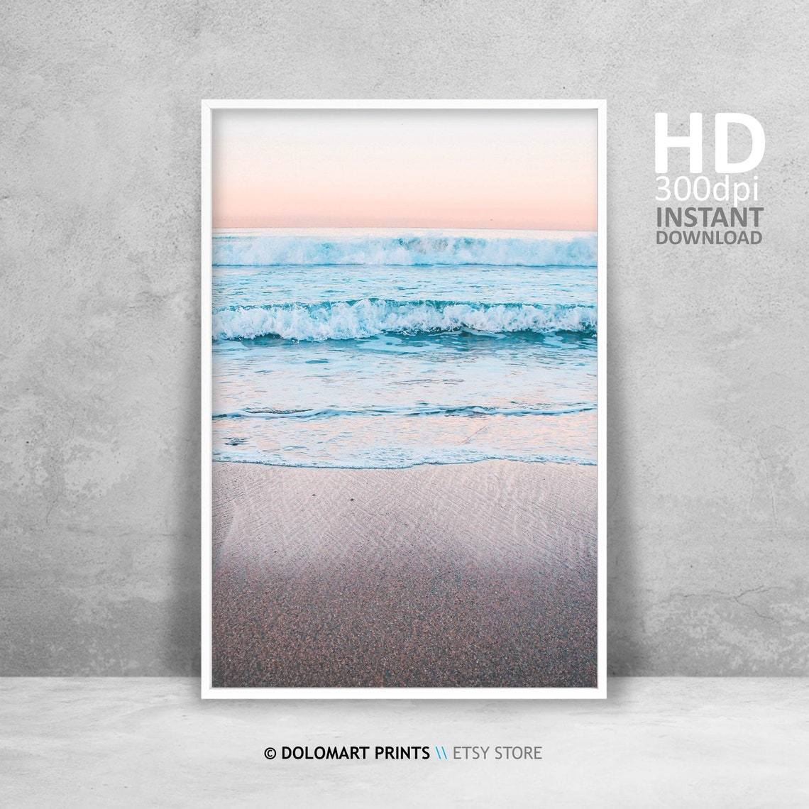 Pastel Pink Sky Over Gentle Ocean Waves Sandy Beach Photography Poster