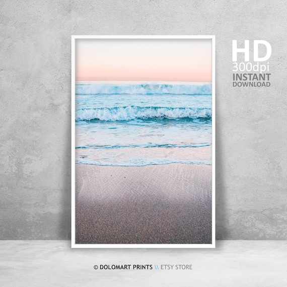 Pastel Pink Sky Over Gentle Ocean Waves Sandy Beach Photography Poster