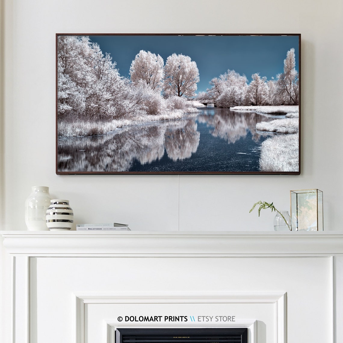 White Winter Trees River Reflection Infrared Blue Frame TV Poster - Image 3