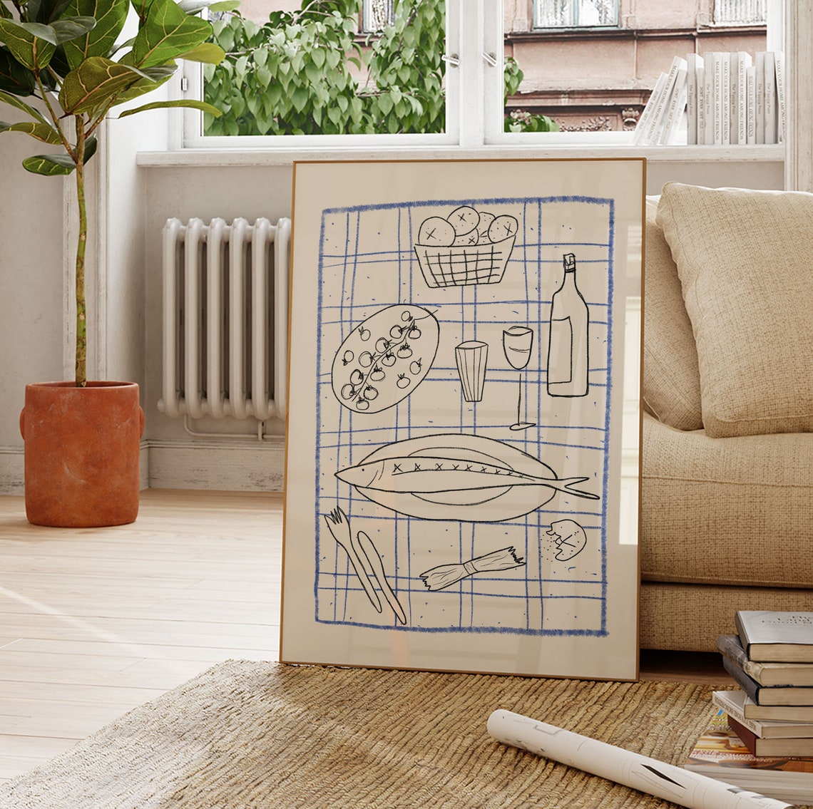 Dinner Party Hand Drawn Fish Wine Bread Blue Kitchen Art Poster - Image 4