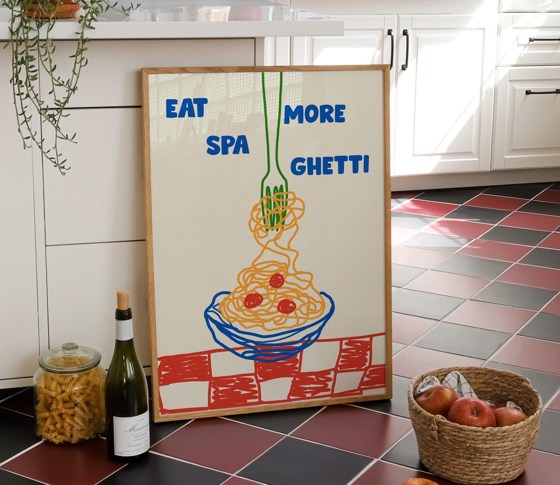 Eat More Spaghetti Fun Bold Blue Kitchen Pasta Bowl Retro Poster