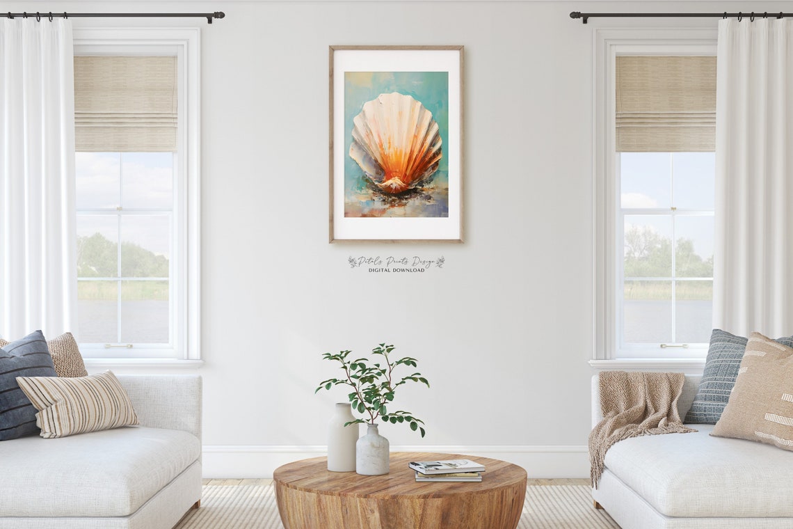 Scallop Shell Orange Turquoise Coastal Seashell Oil Painting Poster - Image 2