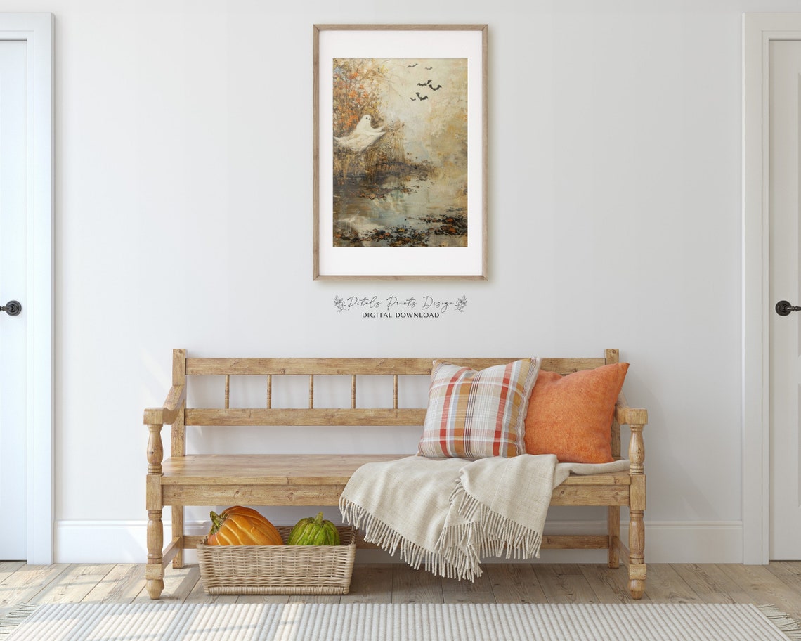 Playful Ghost Autumn Pond Bats Vintage Halloween Decor Art Print - Image 3
