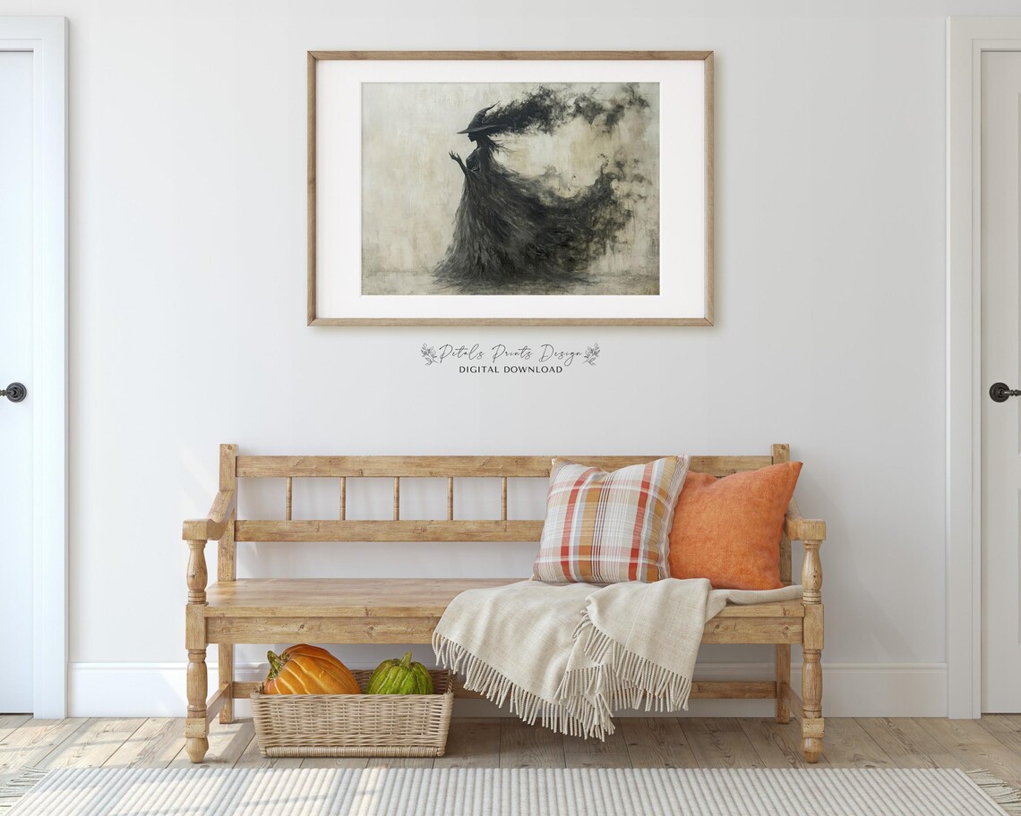 Dark Witch Silhouette with Smoky Dress Vintage Halloween Painting Poster - Image 3