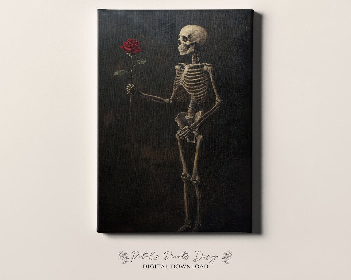 Skeleton Offering Red Rose Romantic Gothic Halloween Painting Poster - Image 4