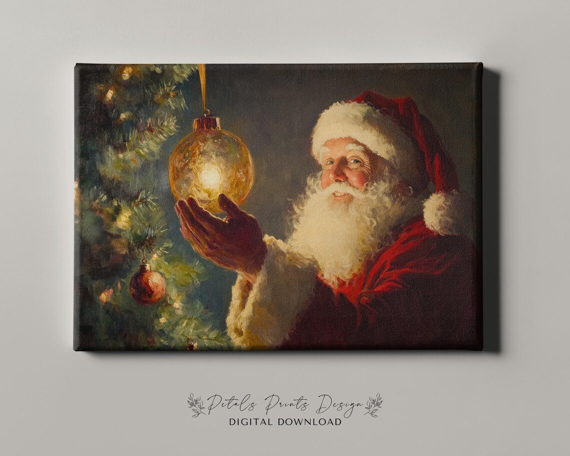 Santa Claus Holding Glowing Gold Ornament at Christmas Tree Art Poster - Image 4