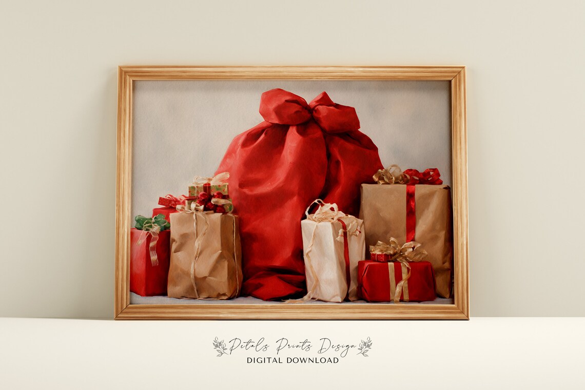 Vintage Christmas Presents Art Print, Rustic Holiday Decor