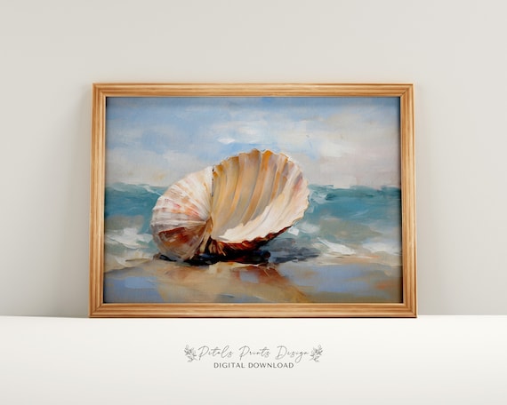 Golden Scallop Shell on Shore with Gentle Waves Coastal Poster