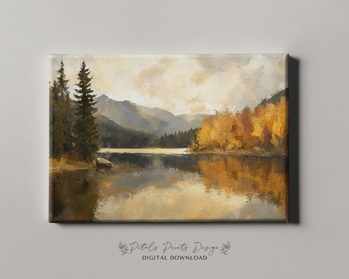 Autumn Mountain Lake Reflection Golden Fall Landscape Painting Poster - Image 4