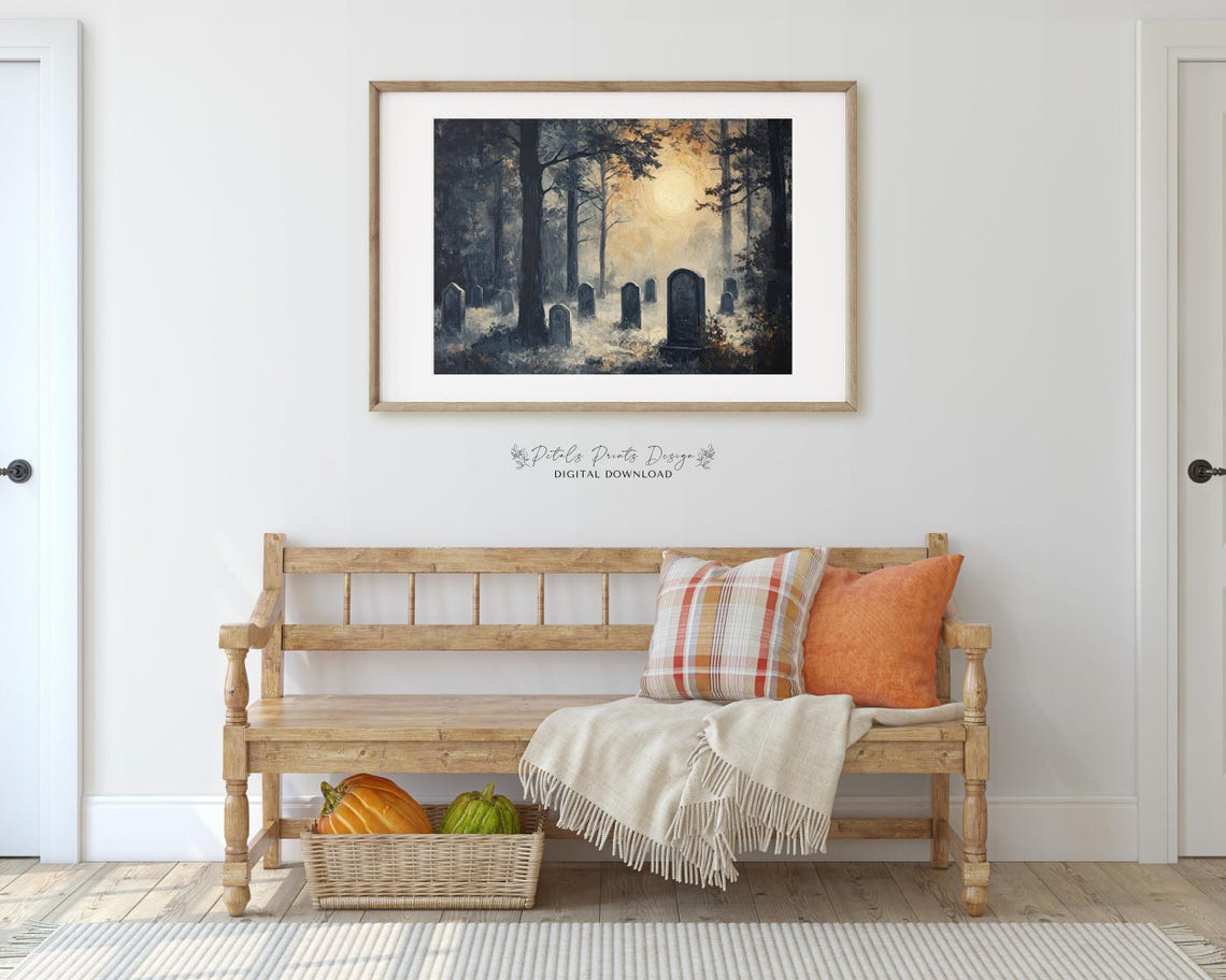 Moonlit Graveyard At Night Glowing Moon Spooky Cemetery Wall Art - Image 3