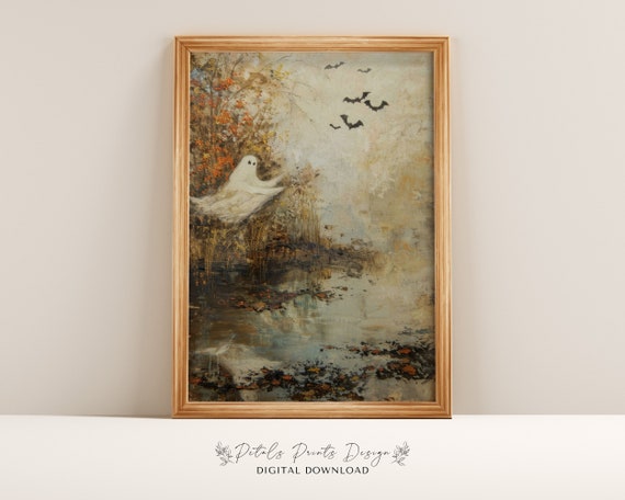 Ghosts Art Print Halloween Art Print Halloween Decor Cute Ghosts In Field Spooky Vintage Halloween Wall Art