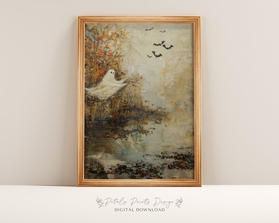 Playful Ghost Autumn Pond Bats Vintage Halloween Decor Art Print