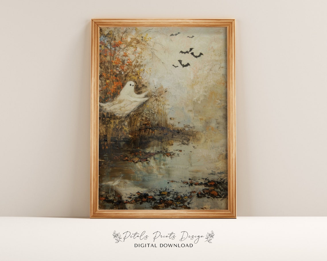 Ghosts Art Print Halloween Art Print Halloween Decor Cute Ghosts In Field Spooky Vintage Halloween Wall Art