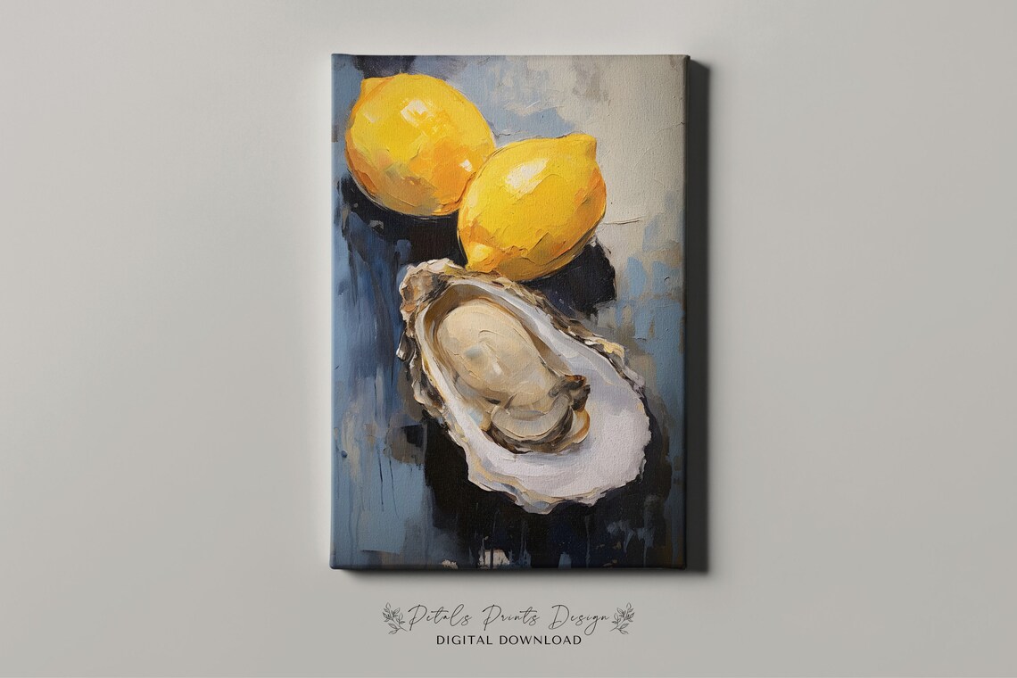 Oyster Two Lemons Still Life Dark Navy Background Art Poster - Image 4
