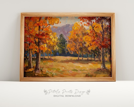 Vintage Autumn Forest Landscape Oil Painting Rustic Fall Art Print